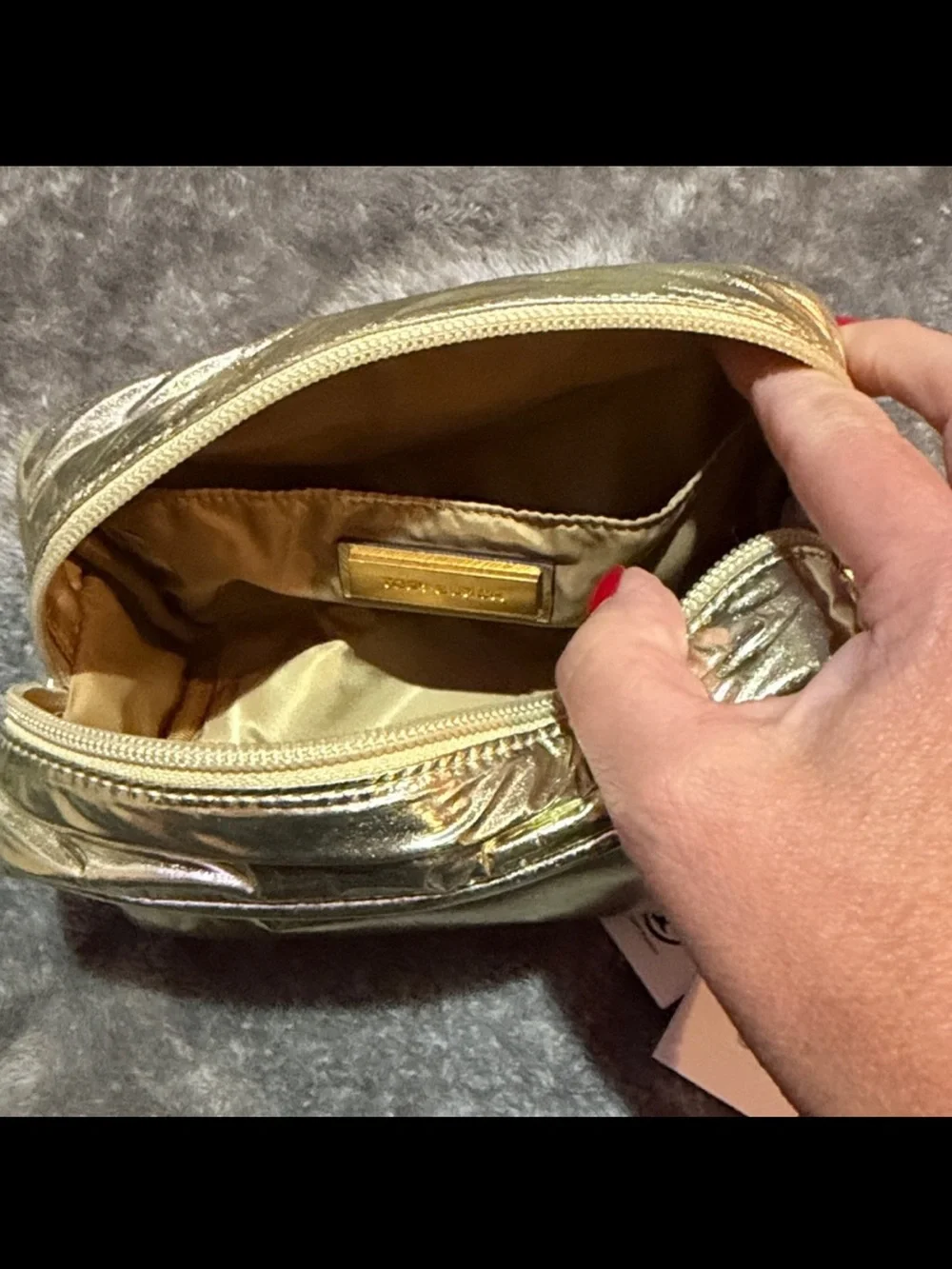 NWT! Tory Burch Metallic Pale Gold Logo Cosmetic Case